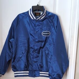 Vintage Pla-Jac By Dunbrooke Blue Satin Prestolite Racing Varsity Jacket.  XL